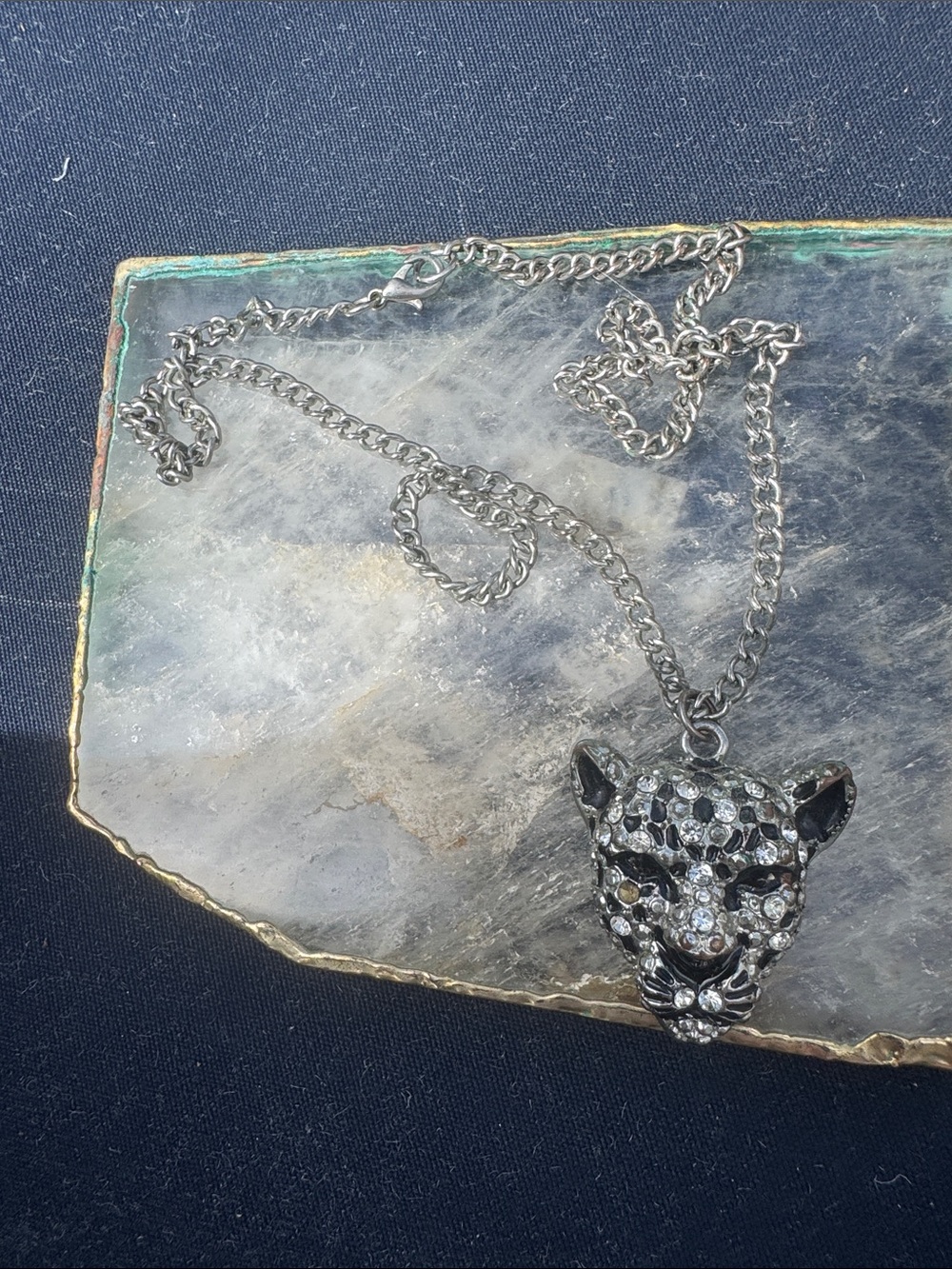 Crystal Leopard Head Pendant Necklace - Silver Tone